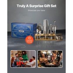 13-osainen cocktail-setti 304-ruostumattomasta teräksestä bambutelineellä kotibaarille ja juhliin