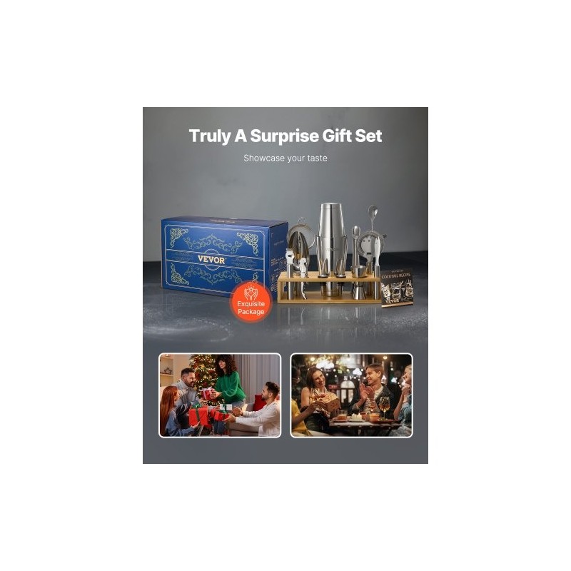 13-osainen cocktail-setti 304-ruostumattomasta teräksestä bambutelineellä kotibaarille ja juhliin