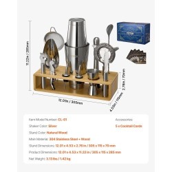 13-osainen cocktail-setti 304-ruostumattomasta teräksestä bambutelineellä kotibaarille ja juhliin