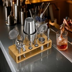 13-osainen cocktail-setti 304-ruostumattomasta teräksestä bambutelineellä kotibaarille ja juhliin