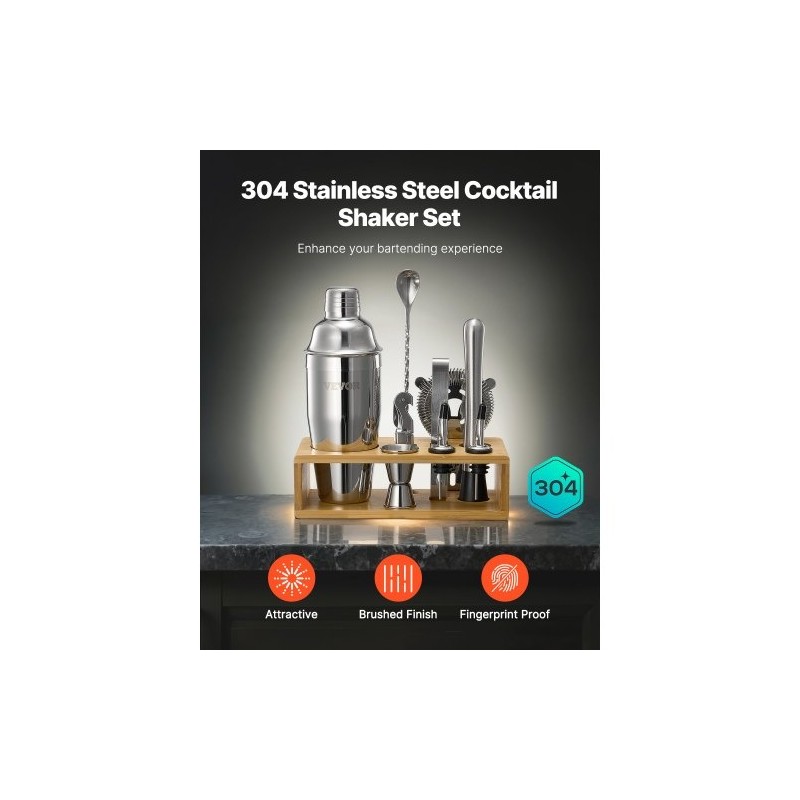10-osainen cocktailsetti ruostumatonta terästä bambutelineellä kotibaarille