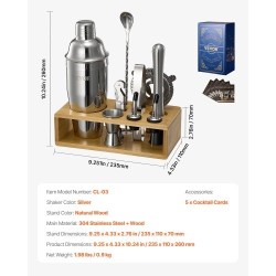 10-osainen cocktailsetti ruostumatonta terästä bambutelineellä kotibaarille