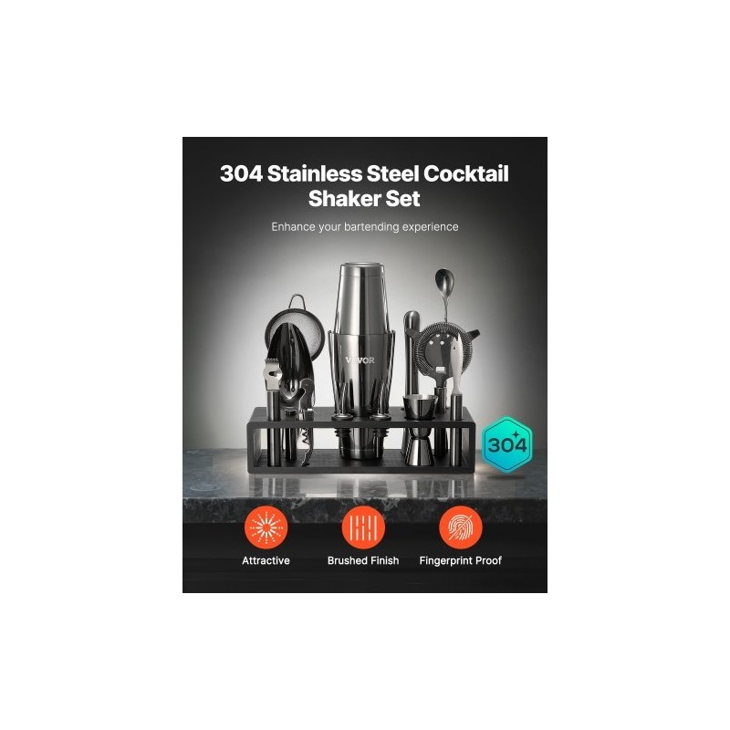 13-osainen cocktailsetti 304-ruostumattomasta teräksestä bambutelineellä kotibaarille
