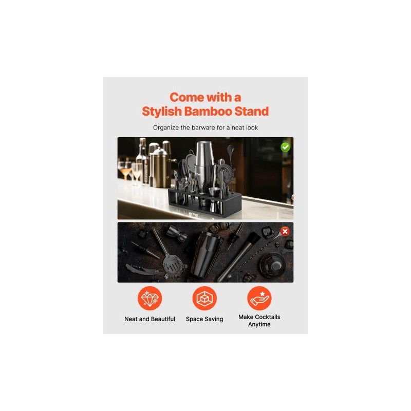 13-osainen cocktailsetti 304-ruostumattomasta teräksestä bambutelineellä kotibaarille