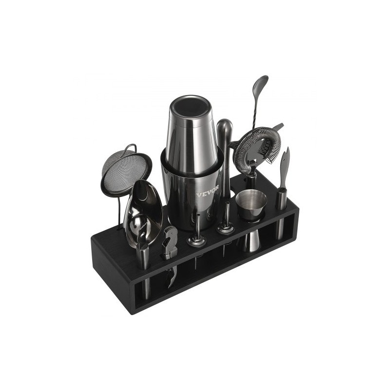 13-osainen cocktailsetti 304-ruostumattomasta teräksestä bambutelineellä kotibaarille