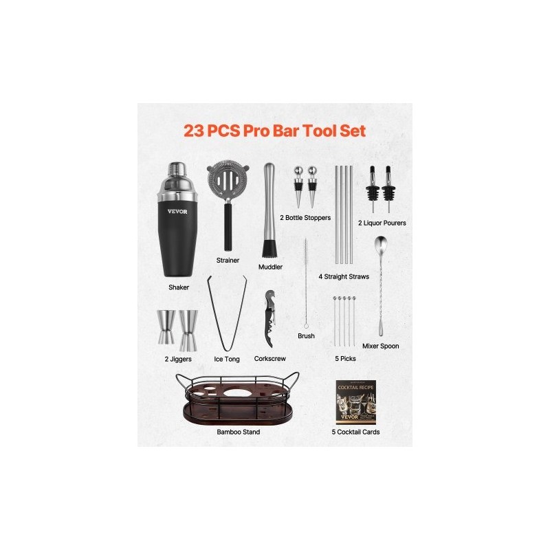 Cocktailshaker ja baarityökalusetti 23-osainen 304-ruostumatonta terästä bambutelineellä kotikäyttöön