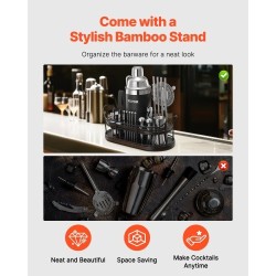 Cocktailshaker ja baarityökalusetti 23-osainen 304-ruostumatonta terästä bambutelineellä kotikäyttöön