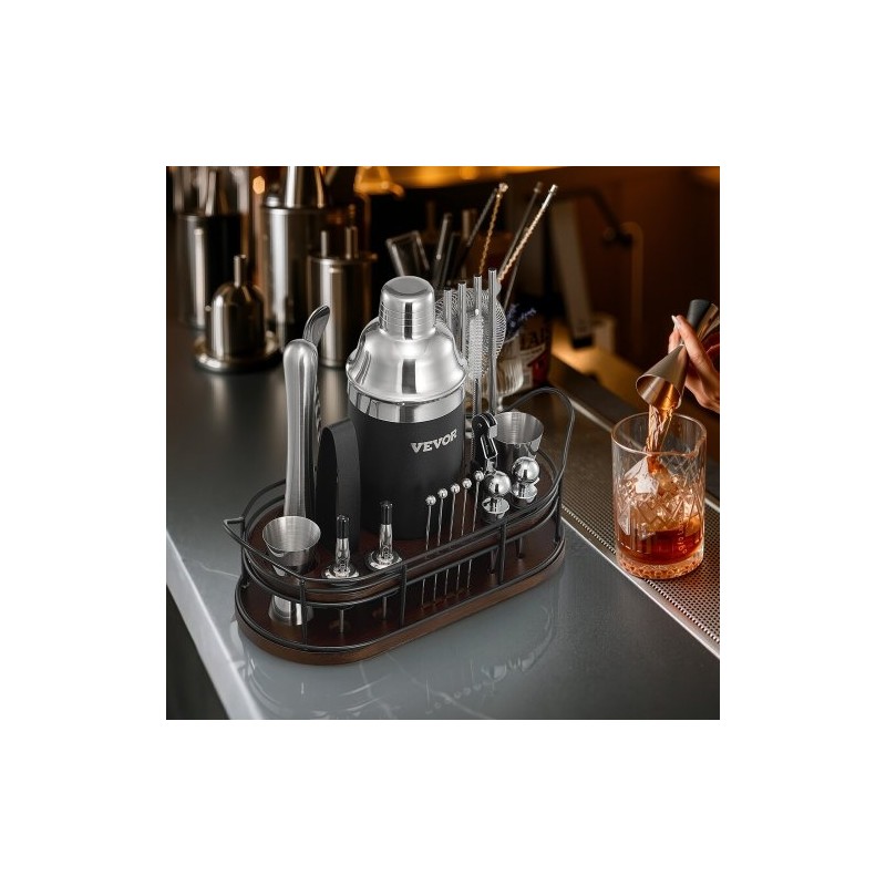 Cocktailshaker ja baarityökalusetti 23-osainen 304-ruostumatonta terästä bambutelineellä kotikäyttöön