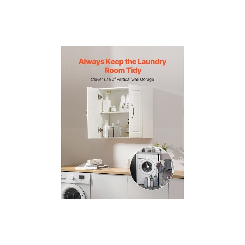 Seinään asennettava valkoinen kaksitasoinen kaappi säädettävällä hyllyllä lastulevystä ja MDF-levystä