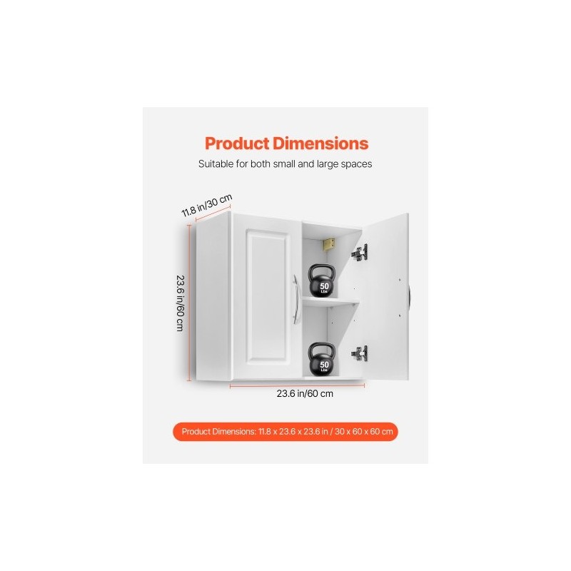 Seinään asennettava valkoinen kaksitasoinen kaappi säädettävällä hyllyllä lastulevystä ja MDF-levystä