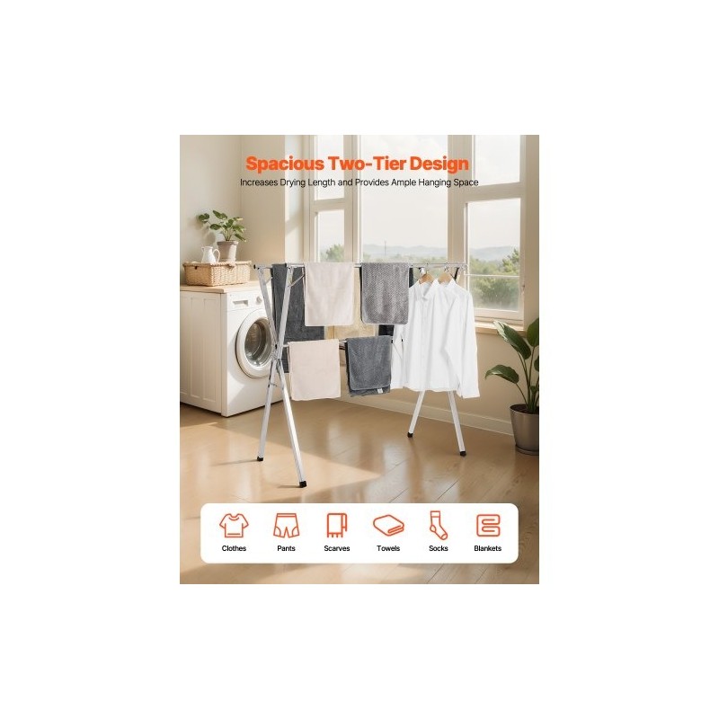 Pyykinkuivausteline 2-tasoinen teleskooppinen 201-ruostumaton teräs säädettävä 1,3–2 m kantavuus 55 kg