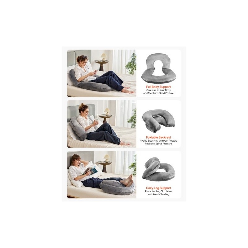 Suurikokoinen U-muotoinen seläntukityyny samettipäällisellä ja kuituvaahdolla 114x89x18cm harmaa