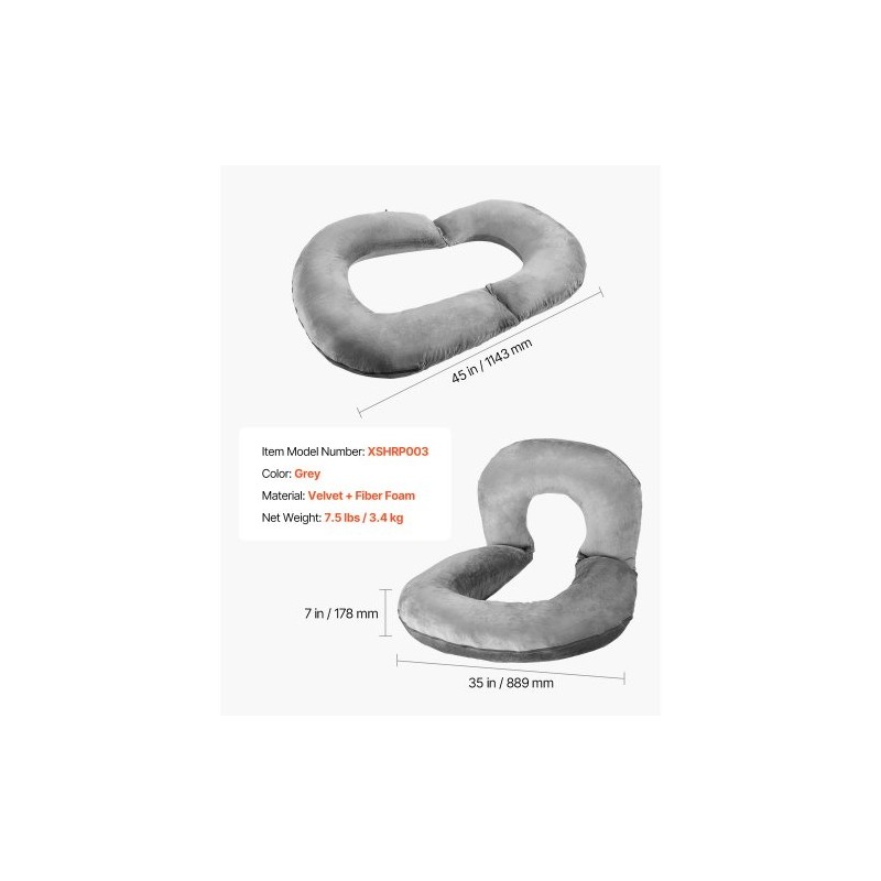 Suurikokoinen U-muotoinen seläntukityyny samettipäällisellä ja kuituvaahdolla 114x89x18cm harmaa