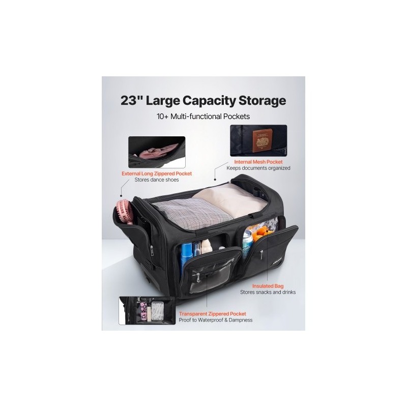 Tanssikassi 600D-kangas PU1000-vesitiivis 23 tuuman musta pyörillä korkeussäädettävällä vaatetelineellä