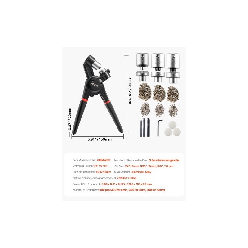 Purjerenkassarja 900 kpl metallisia 6 8 10 mm alumiinipihdit rei'itin ja alusta