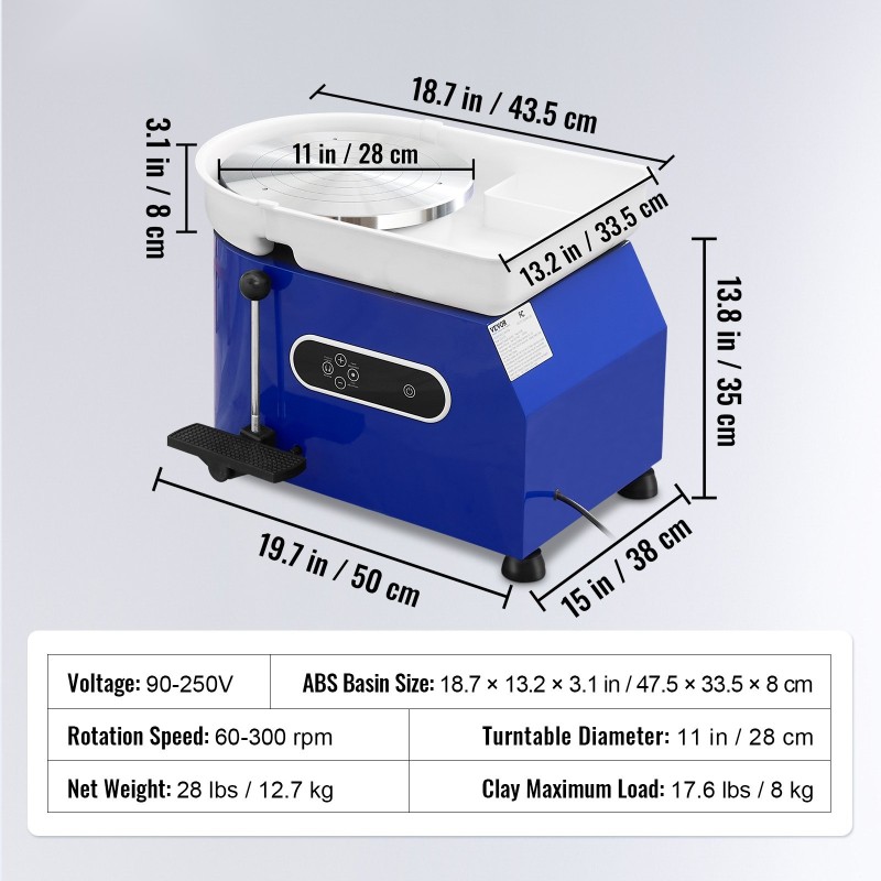 Sähkökäyttöinen dreija 27,9 cm keraamisella pyörällä 450 watin moottorilla ja jalkapolkimella