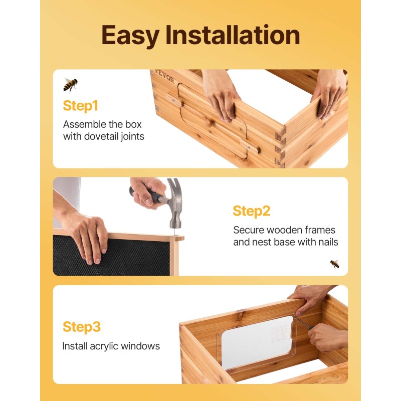 Mehiläispesä 20 kehystä 19 mm setripuu mehiläisvahattu akryyliset ikkunat