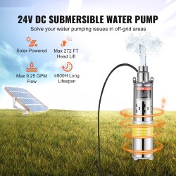 Upotettava aurinkokäyttöinen syväkaivopumppu 24V 277W 35 l/min 83 m nostokorkeus