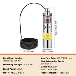 Upotettava aurinkokäyttöinen syväkaivopumppu 24V 277W 35 l/min 83 m nostokorkeus