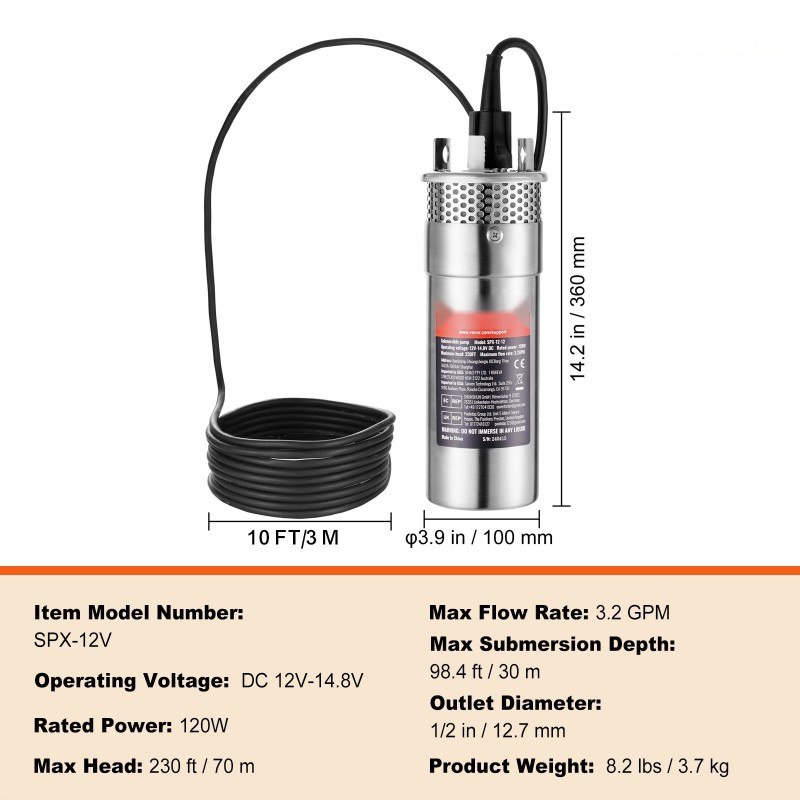 Uppopumppu aurinkokäyttöinen 12 V 120 W ruostumattomasta teräksestä kaivoihin kasteluun