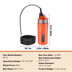 Uppopumppu aurinkokäyttöinen 12V 96W 6 l/min 70 m 30 m ruostumaton suodatin