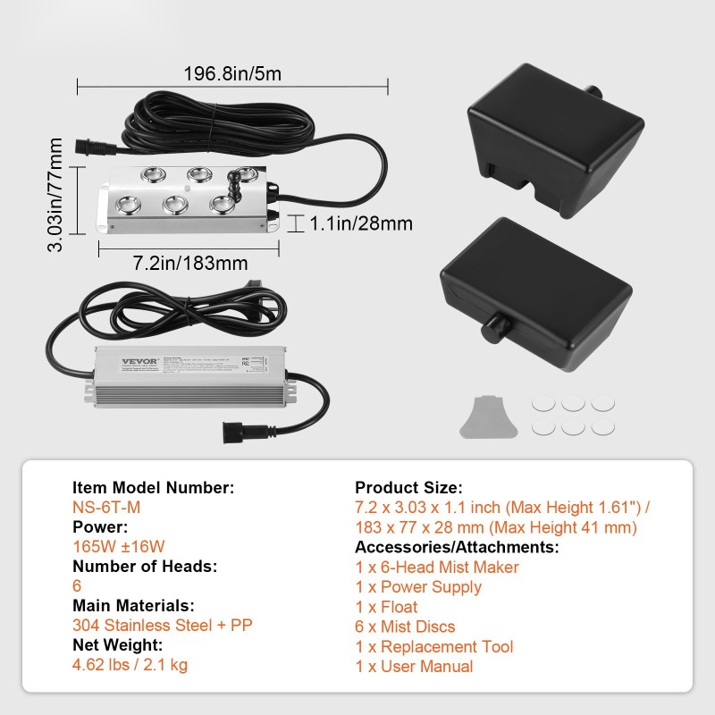 Ultraäänisumutin 6 sumupäätä 4500 ml tunnissa 165 W IP67 virtalähteellä puutarhaan