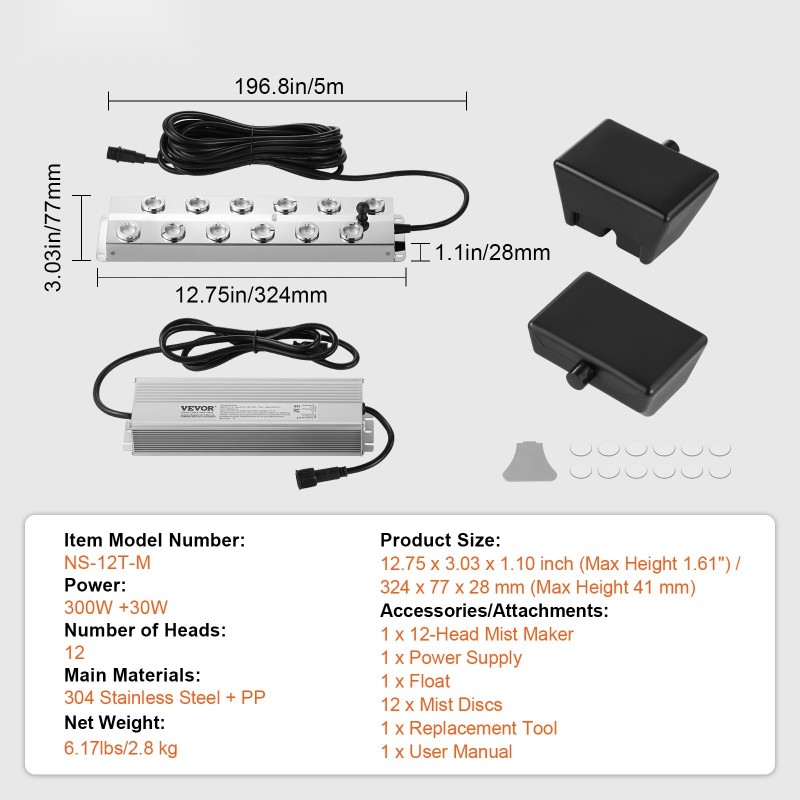 Ultraäänisumutin 12 päätä 9000 ml tunnissa 304-ruostumaton teräs PP-muovi lampeihin
