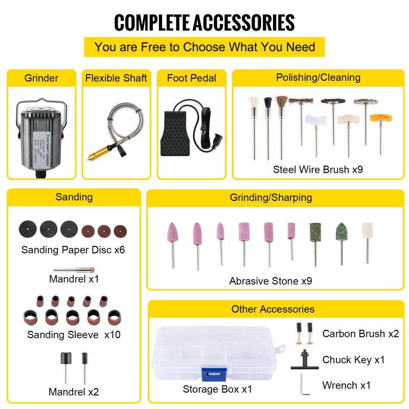 Joustava akselihiomakone 780 W 3-leukainen istukka 0,3–6,5 mm portaattomalla jalkapolkimella 131-osainen tarvikesarja