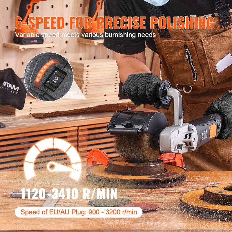 Käsikäyttöinen metallin karhennus ja kiillotuskone 1300W 6-portainen nopeudensäätö alumiinirunko teräslankapyörä