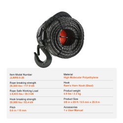 Vinssiköysi korkeamolekyylisestä polyeteenistä 9,5 mm 25,9 m taotulla teräskoukulla