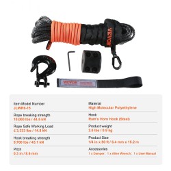 Synteettinen vinssiköysi korkeamolekyylisestä polyeteenistä 6,35 mm 15,24 m maastoajoneuvoille suojahihna koukku