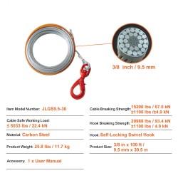 Vinssivaijeri kuumasinkitty teräs 9,5 mm x 30,5 m itsevarmistuva koukku
