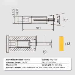 R8-istukkasarja 13 kappaletta 1/8–7/8 tuumaa karkaistu teräs tarkkuus 30 μm