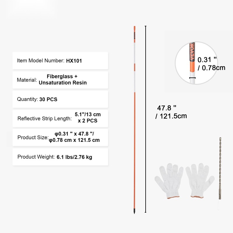 Lasikuituiset merkkitikut 30 kpl 121,5 cm oranssi ajoteille ja pihoille