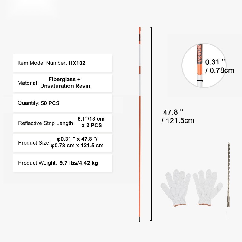 Ajotien merkkikepit 50 kpl lasikuitu 121,5 cm oranssi heijastinnauhalla