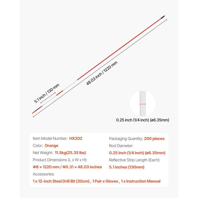 Heijastavat lasikuitutikut 122 cm 6,35 mm 200 kpl oranssi ajoteille