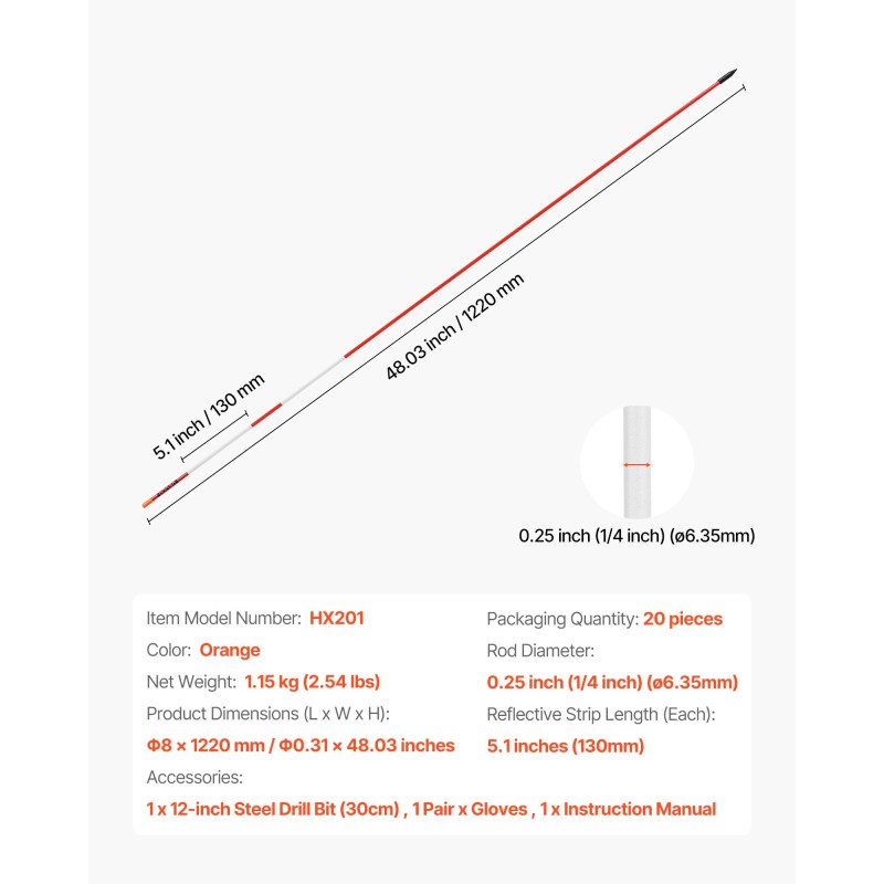 Lasikuituiset merkkitangot 122 cm halkaisija 6,35 mm 20 kpl oranssi heijastinnauhat