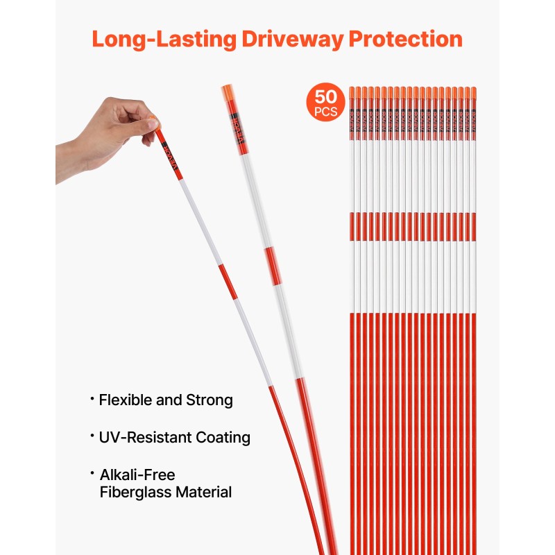 Ajotien merkkitikut 50 kpl 152 cm lasikuitu oranssi heijastinnauhoilla