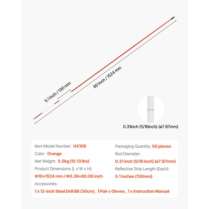 Ajotien merkkitikut 50 kpl 152 cm lasikuitu oranssi heijastinnauhoilla