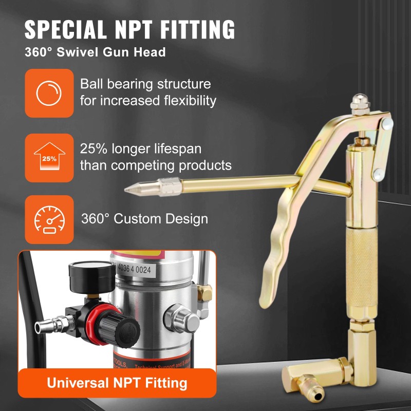 Paineilmakäyttöinen rasvapumppu painevalettua alumiinia 50:1 4 m korkeapaineletku 360 asteen suutinkärki