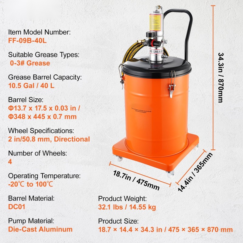 Ilmakäyttöinen rasvapumppu 40 litran terästynnyrillä 4 metrin letku 50:1 paineensuhde