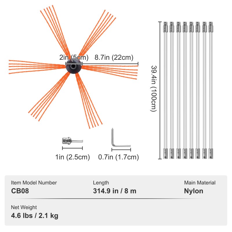 Piipunpuhdistussarja nailonharjalla 8 m kokonaispituus 1 m varret 360 asteen puhdistus