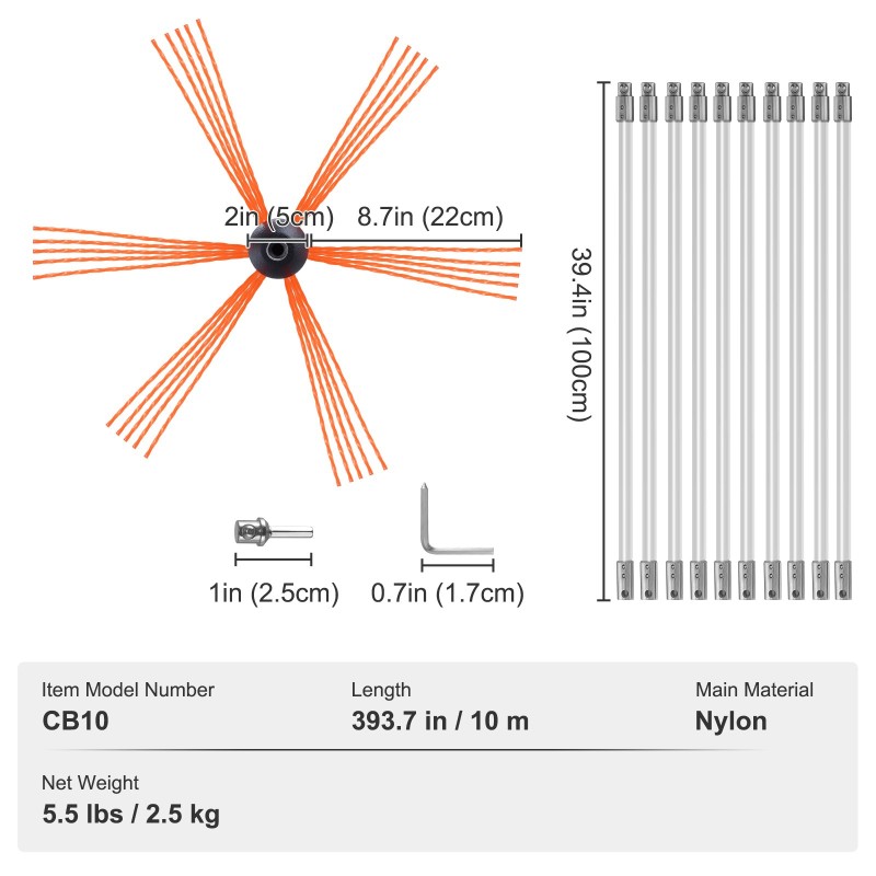 Savupiipun puhdistussetti kymmenen metriä kymmenen vahvistettua nailonvartta pyörivällä harjalla