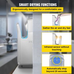 Käsienkuivain pystymallinen ABS-runko 2000 W HEPA-suodatus seinäasennus hopea