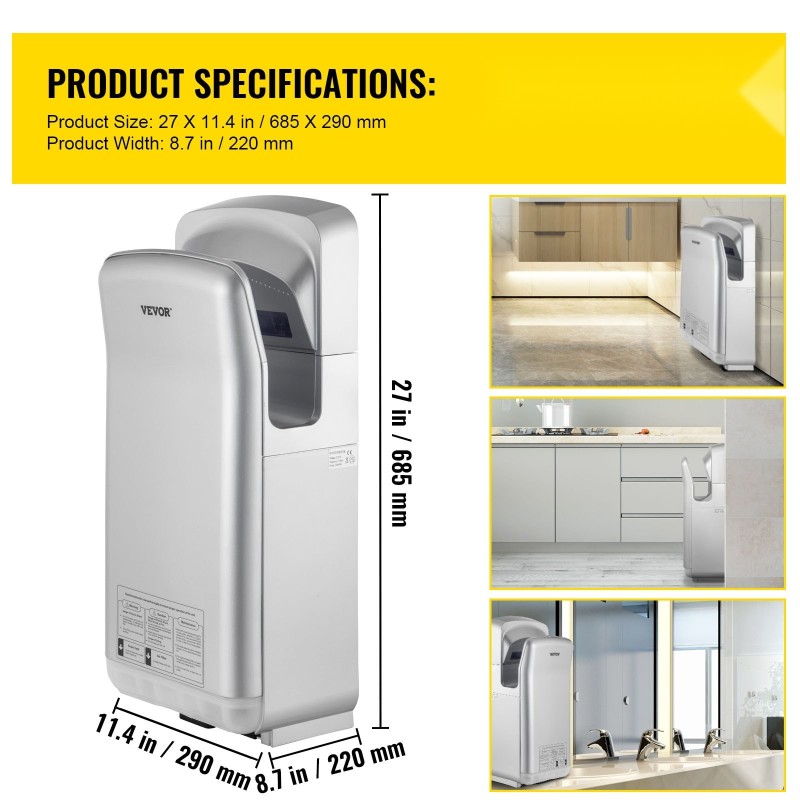 Käsienkuivain pystymallinen ABS-runko 2000 W HEPA-suodatus seinäasennus hopea