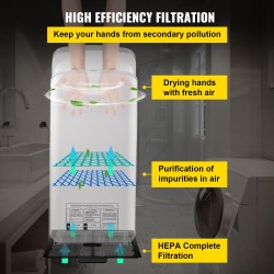 Suihkumallinen käsienkuivain ABS-runko 2000 wattia HEPA-suodatus seinäkiinnitys