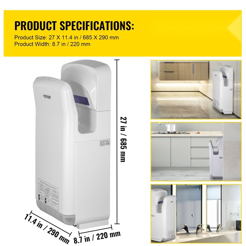 Suihkumallinen käsienkuivain ABS-runko 2000 wattia HEPA-suodatus seinäkiinnitys