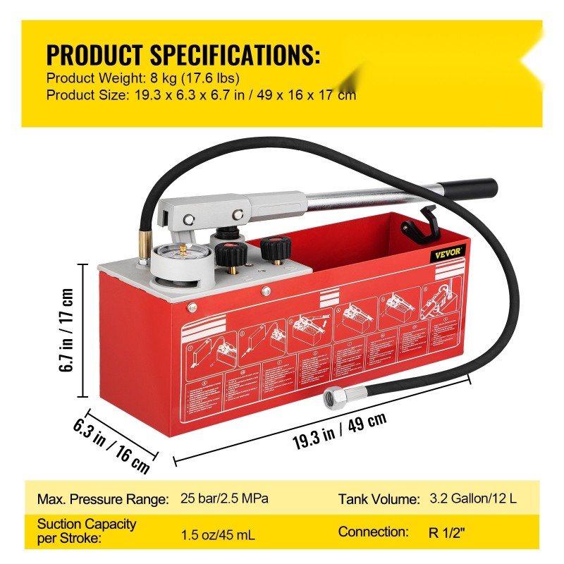 Hydrostaattinen koepainepumppu teräs 12 l 25 bar putkistoille R 1/2 liitäntä