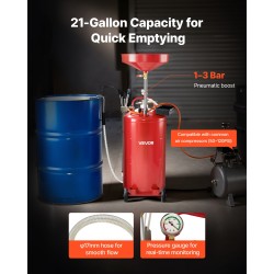 Rautainen 79,5 l jäteöljynkeräyssäiliö pneumaattisella tyhjennyksellä säädettävällä suppilolla ja pyörillä