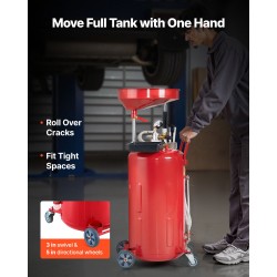 Rautainen 79,5 l jäteöljynkeräyssäiliö pneumaattisella tyhjennyksellä säädettävällä suppilolla ja pyörillä